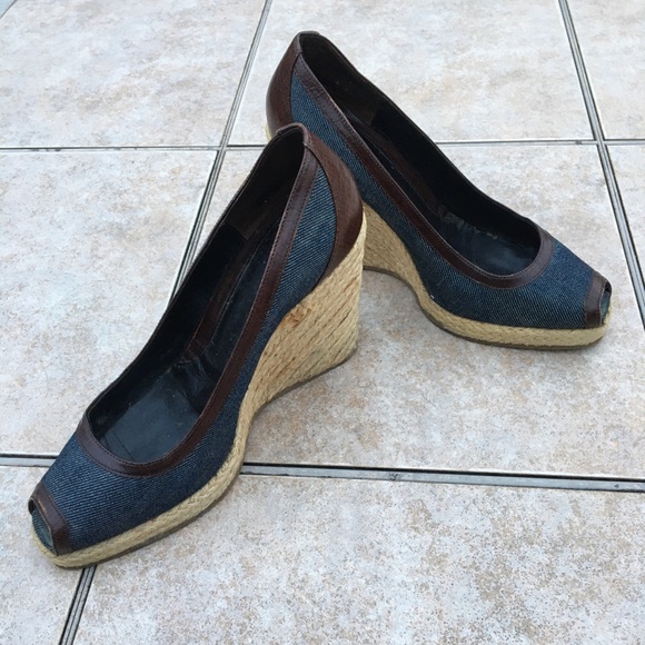 Fendi peep toe denim trim wedge espadrilles 37.5 - Picture 15 of 15